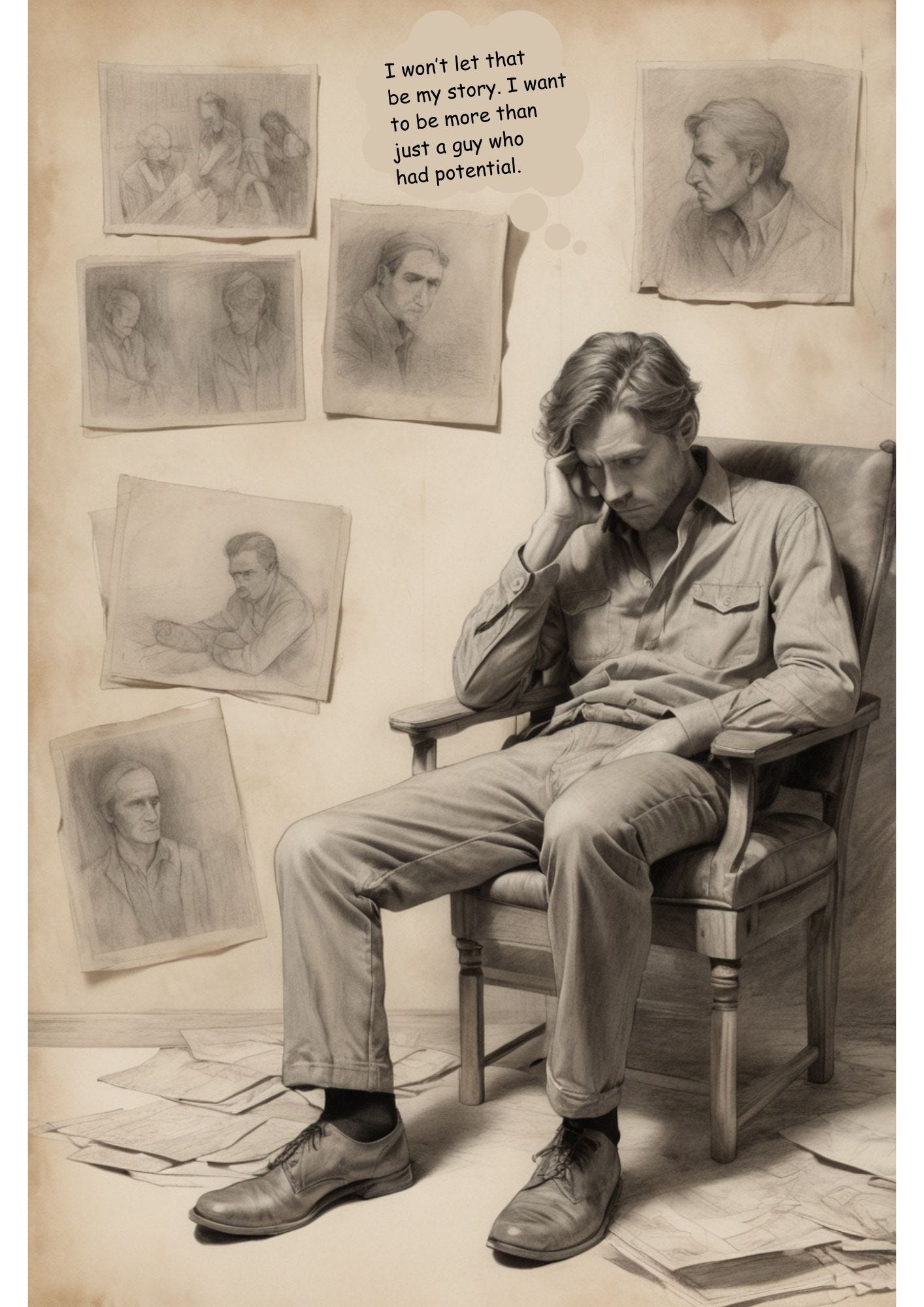 A man sits in a contemplative pose, surrounded by faded photographs of friends who never reached their potential. His gaze is introspective, with a hint of determination in his eyes as he thinks to himself, "I won't let that be my story." His chair is worn, and the room is dimly lit, symbolizing the passage of time and the importance of seizing opportunities. The atmosphere is melancholic, yet hopeful, as he makes a silent vow to break free from the cycle of unfulfilled potential, for himself and his loved ones.