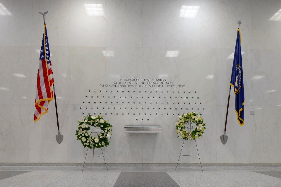 CIA Memorial Wall in the lobby of the CIA headquarters with stars signifying the agents and contractors killed in the line of duty