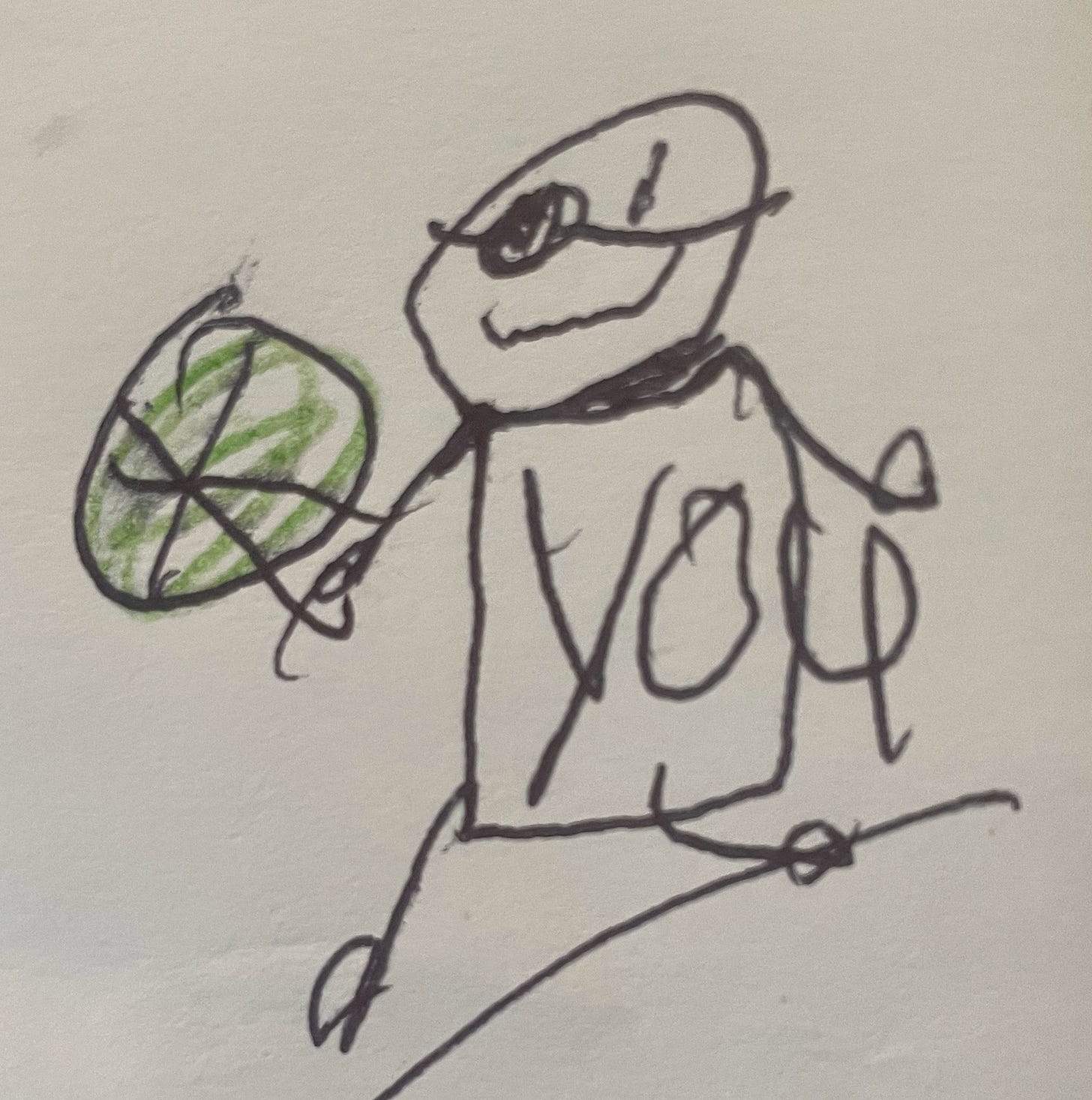 A child's drawing of a stick figure wearing an eyepatch, with the word "you" written across its body