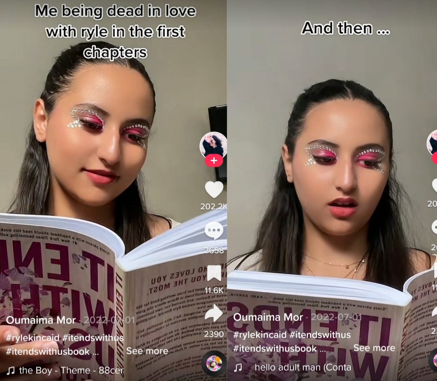 TikToker smiling while reading It Ends With Us by Colleen Hoover. In the first image, the caption says "me being in love with Ryle in the first chapters." In the second image, the same TikToker has read further into the book. The caption reads "and then" 