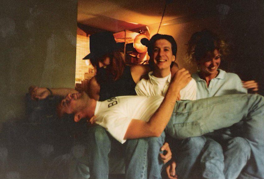  Jacky Sharrock, David Levine, Claire Hitchen, Sandro (reclining), photo by Me, circa 1985.