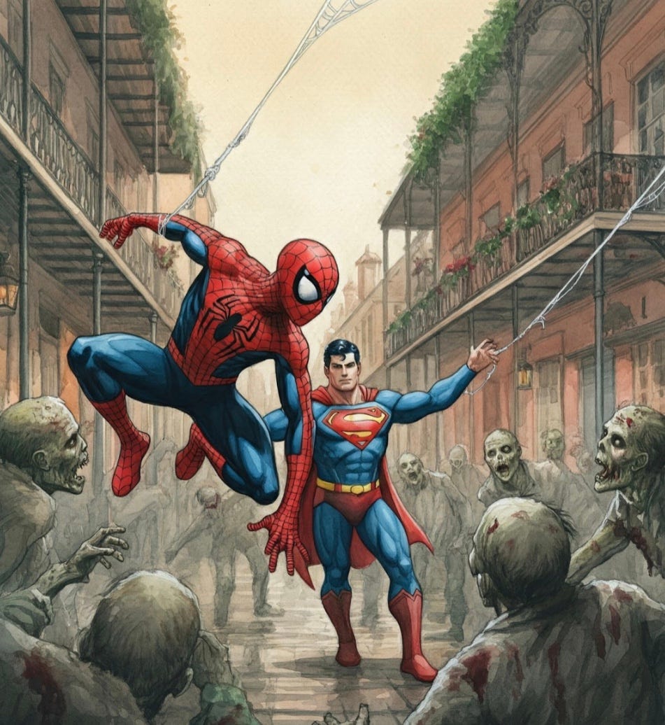 Spider-Man and Superman battling Calypso's zombie servants in New Orleans