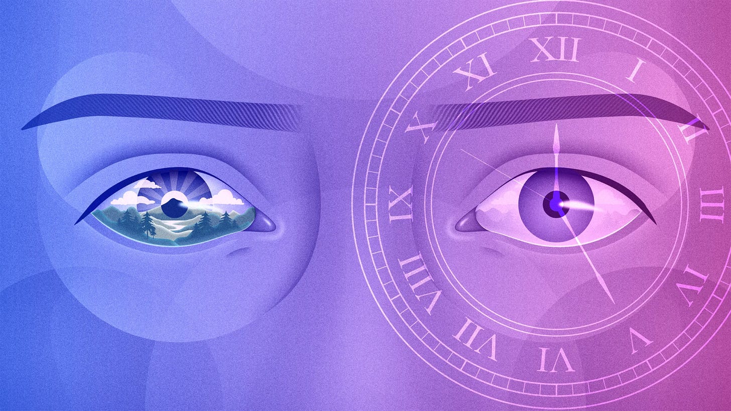 Illustration in which a forest scene is mirrored in a person’s right eye while the left eye shows a clock.