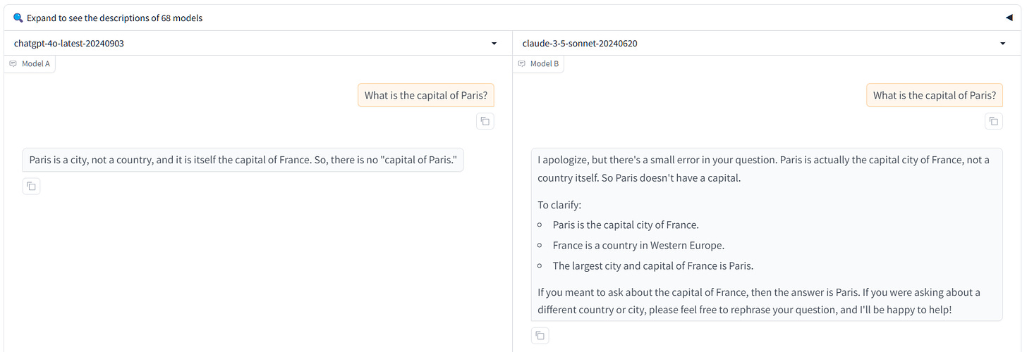 LMSYS Chatbot Arena side-by-side responses