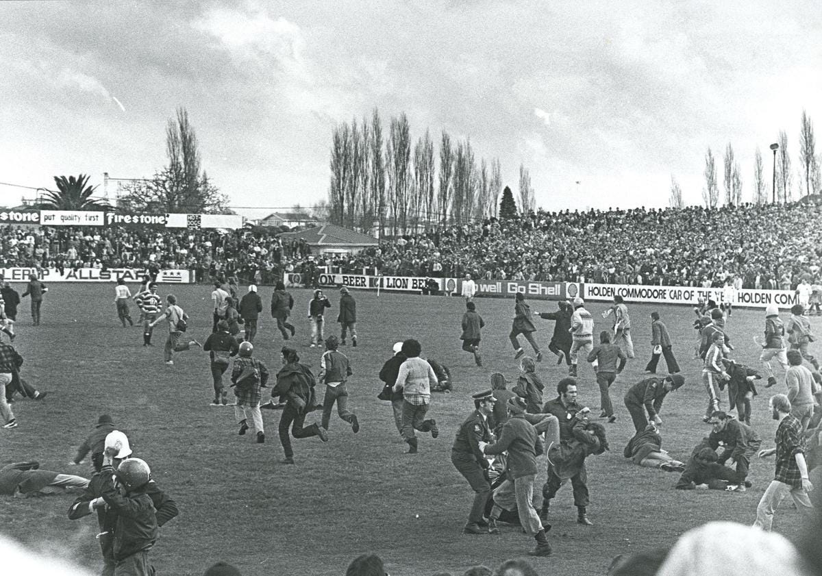 Protestors on the field at Rugby Park" - 1981 Springbok Tour - Waikato  Museum