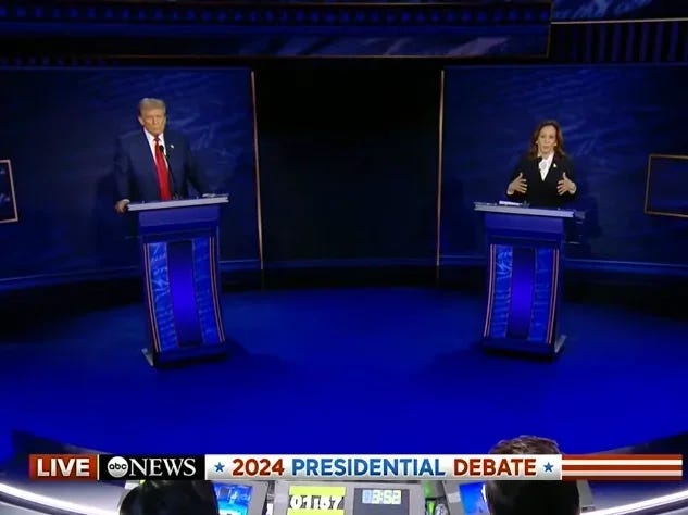 A screenshot of the ABC News-hosted presidential debate between Kamala Harris and Donald Trump in September 2024. The picture illustrates an article about the top 50 most-visited English-language news sites in the world in September 2024.