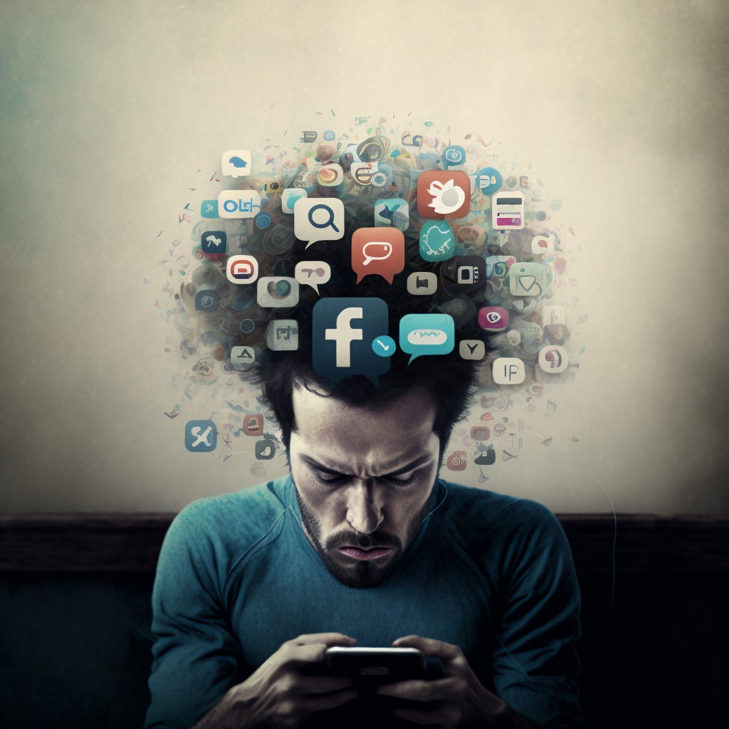 Man being hipnotized and overwhelmed by an iphone, a computer screen, and social network logos all at the same time. creative, somber, unable to focus. detailed, high resolution