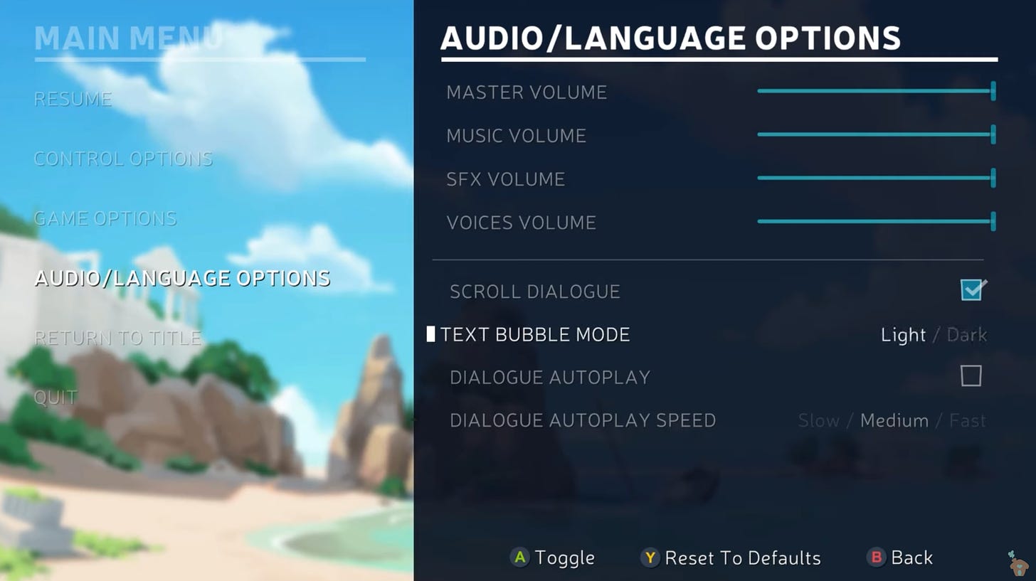 A video game menu screen displays audio/language options including an option to toggle text bubbles from light to dark.