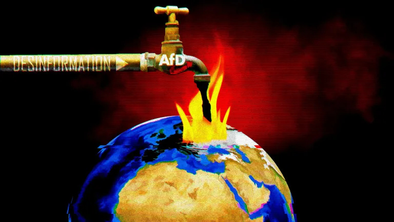 Wasserhahn mit der Aufschrift "AfD". Auf dem Rohr steht "Desinformation". Aus dem Hahn kommt eine schwarze Flüssigkeit, die sich auf eine brennende Weltkugel ergießt.