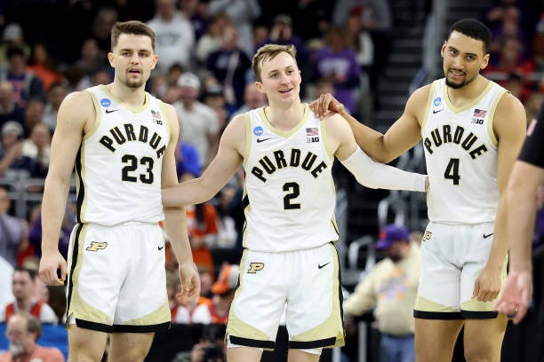 Camden Heide, Fletcher Loyer and Trey Kaufman-Renn of the Purdue Boilermakers look on against the High Point Panthers during the second half in the...