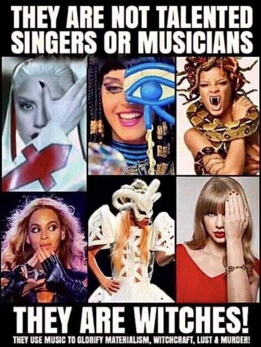 May be an image of ‎6 people, harp and ‎text that says '‎THEY ARE NOT TALENTED SINGERS OR MUSICIANS 聚 د EU THEY ARE WITCHES! THEY USE MUSIC TO GLORIFY MATERIALISM, WITCHCRAFT, LUST & MURDER!‎'‎‎