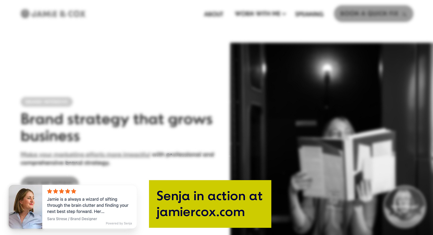 A black and white image of Jamie's homepage with a testimonial in the left hand corner highlighted.