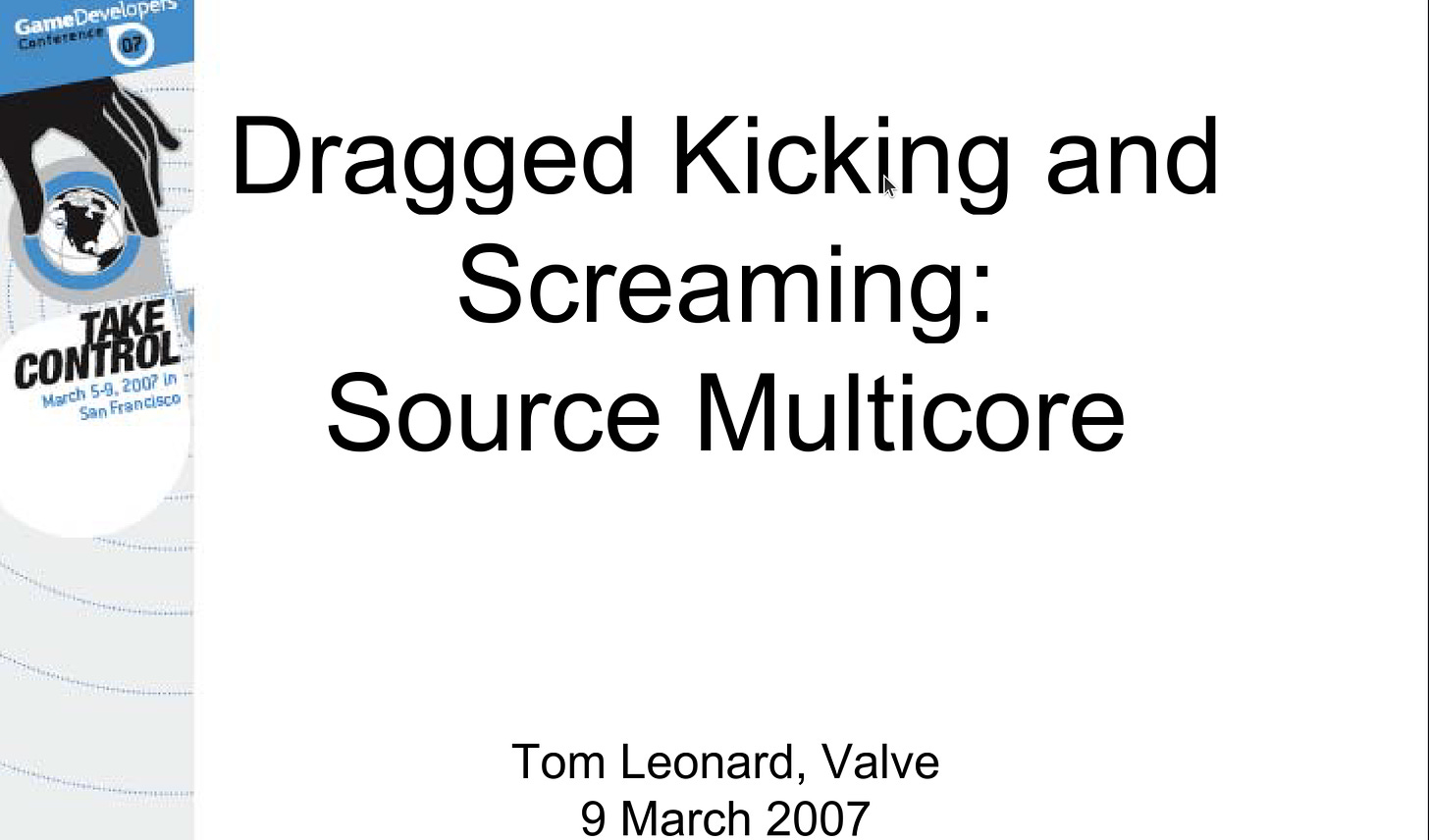 Screenshot of first slide in Dragged Kicking and Screaming: Source Multicore talk