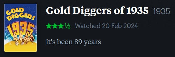 screenshot of LetterBoxd review of Gold Diggers of 1935, watched February 20, 2024: it’s been 89 years