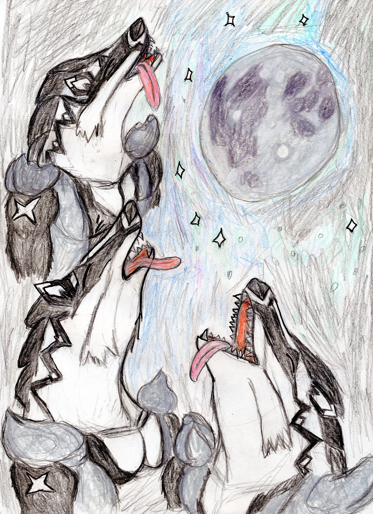 Erchon’s Obstagoon drawing. It is one of his favorite Pokémon these days, and this particular picture was drawn as a joke, referencing the “Three Wolf Moon” t-shirt