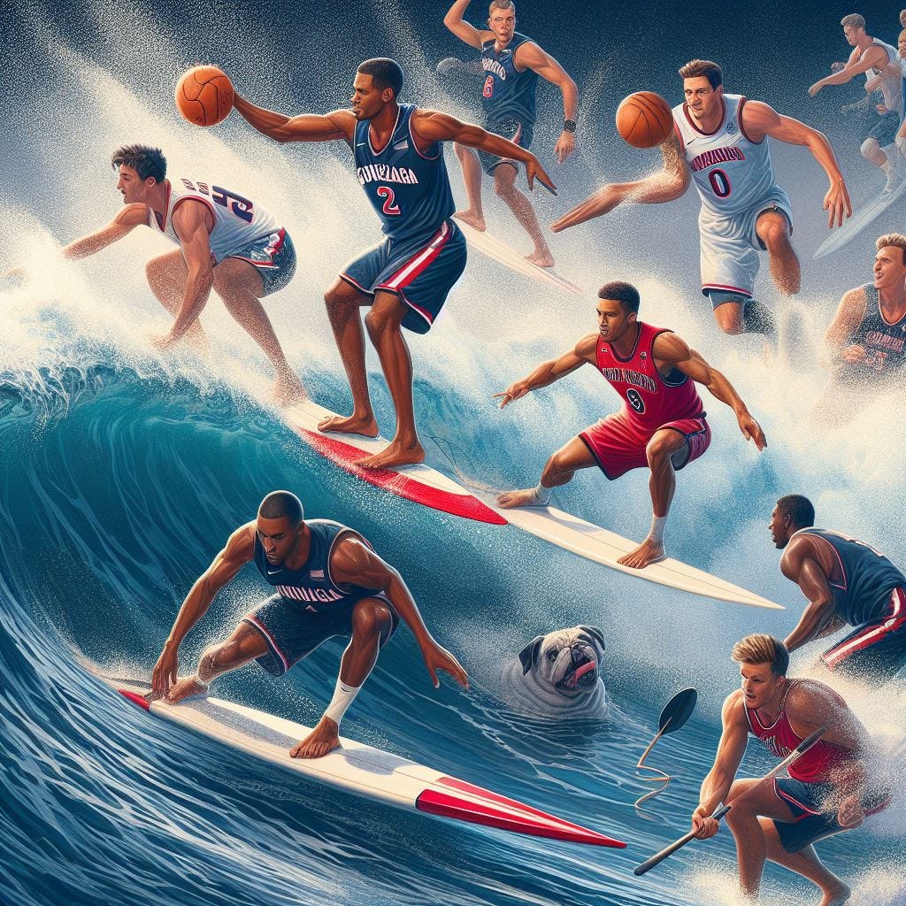 A surfing competition involving Gonzaga University and Saint Mary's University basketball players, digital art