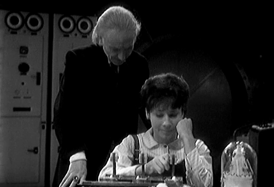 A screengrab of the Doctor and Susan from the scene in The Sensorites in which they briefly fall out