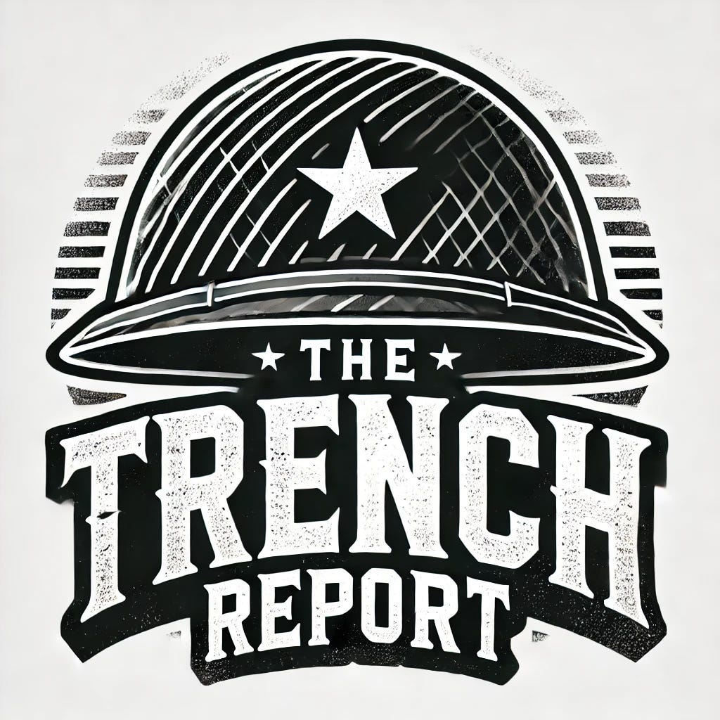 An army helmet with the text 'The Trench Report' prominently displayed on it. The helmet should have a rugged, battle-worn look. The design should convey a sense of resilience and strength, with a bold and dynamic aesthetic.