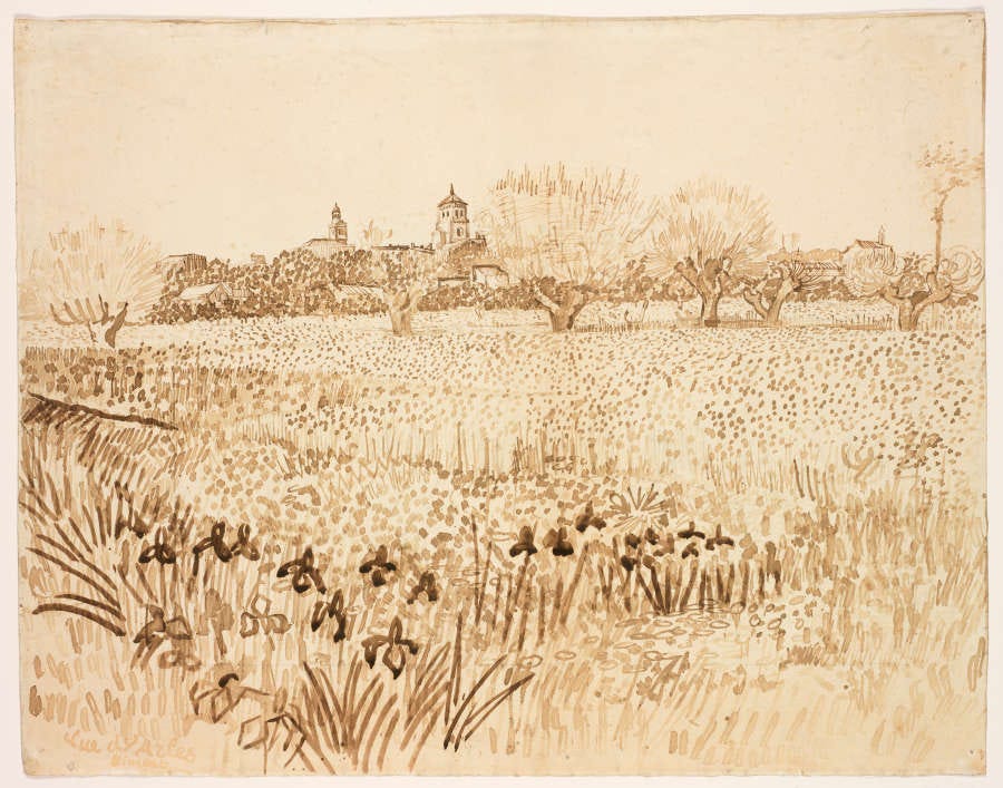 Black-and-white Van Gogh study of landscape with spiral in distance