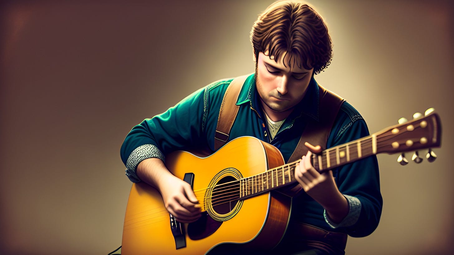 An illustration of a young bearded man playing an acoustic guitar.