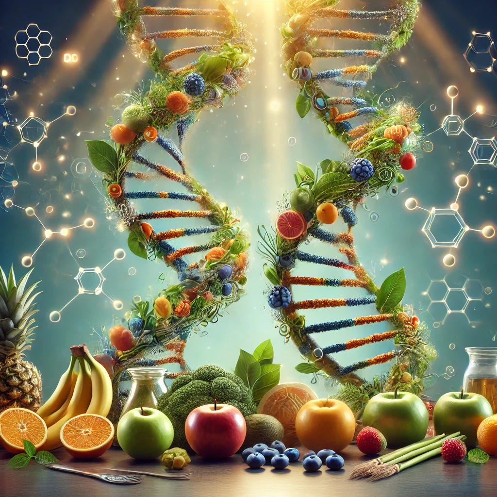 An elegant scientific illustration on 'Nutritional Epigenetics'. A visually appealing composition featuring a DNA double helix intertwined with fresh fruits, vegetables, and molecular structures representing gene expression. The background is softly lit, with a sophisticated, modern aesthetic. The color palette includes rich greens, deep blues, and warm golden tones.