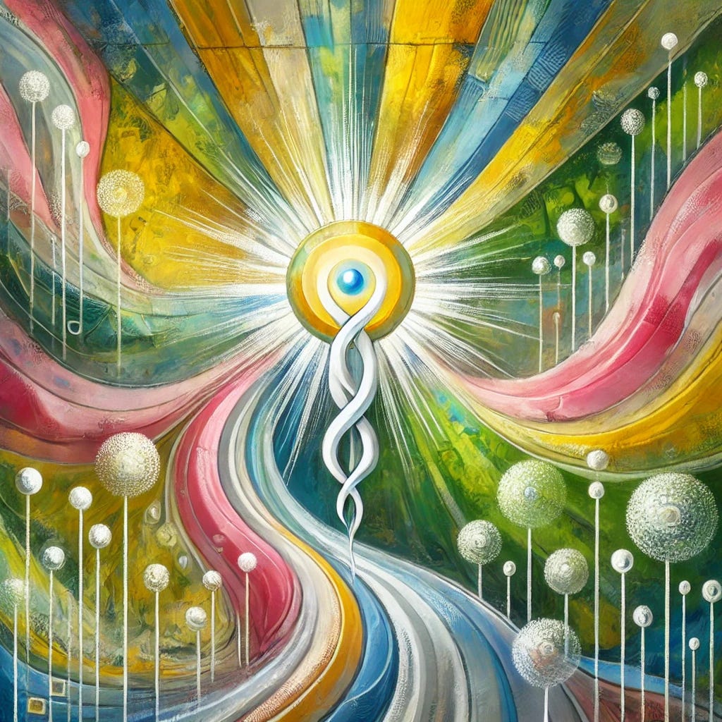 An abstract painting inspired by the impact of HPV vaccination in reducing cervical cancer rates. The composition features a central, radiant abstract form symbolizing health and protection, surrounded by flowing shapes and lines in bright, hopeful colors such as yellow, pink, and white. The background consists of harmonious shades of green and blue, representing growth and prevention. The interplay of shapes suggests unity and progress, with visible brushstrokes adding texture and depth. The overall aesthetic conveys the theme of scientific achievement, well-being, and a brighter future.