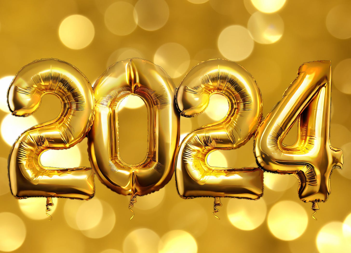 Gold balloons spelling out "2024" over a gold background with light gold dots