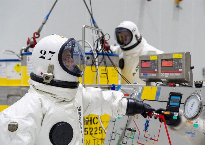 MTG-I1 Fueling Process. Workers in Hazmat Suits