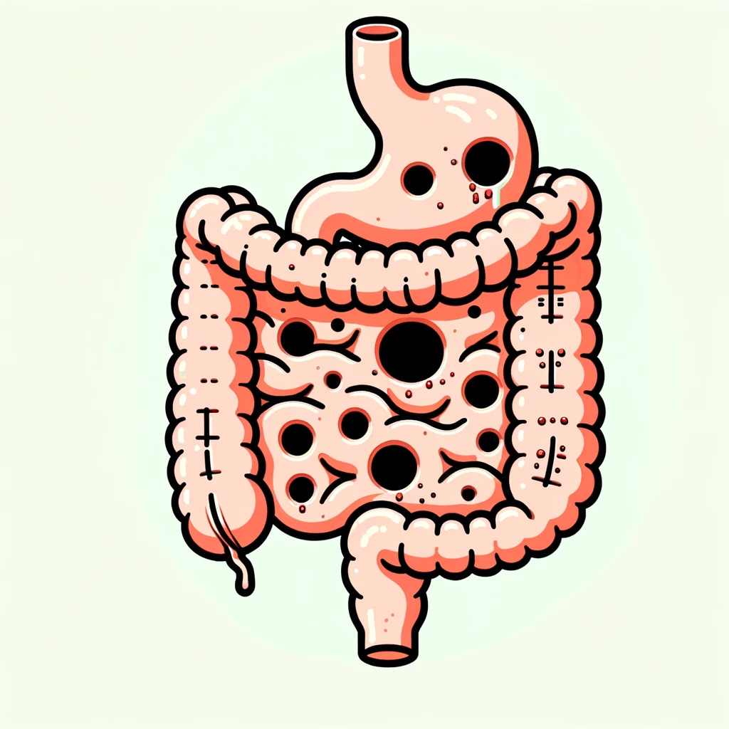 An illustration of a human gut depicted with literal holes to symbolize 'leaky gut syndrome'. Show a simplified, cartoonish representation of the gut with exaggerated holes in the intestinal wall, representing increased permeability. The image should clearly convey the concept of a leaky gut in a metaphorical and visually straightforward manner, suitable for educational purposes. The style should be simplistic and not anatomically detailed, focusing on the concept rather than scientific accuracy.