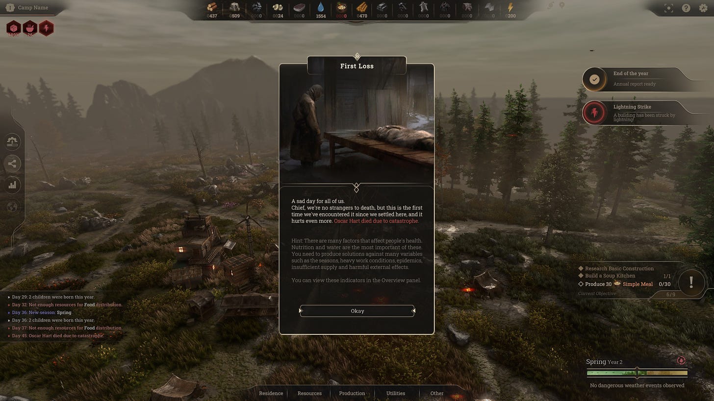 A screenshot of the game New Cycle in Early Access, showing the pop-up window for the First Loss in the campaign, a worker who died due to catastrophe. In the background there are mountains and forests.