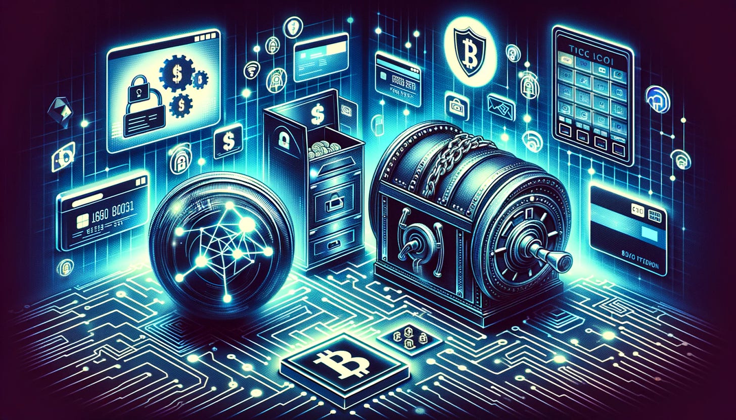 Create an image that encapsulates the transformative power of blockchain and tokenization technologies in the financial sector for the 'Technology Spotlight' section of a newsletter. The image should visually merge elements of traditional banking (like vaults and credit cards) with futuristic symbols of blockchain (chains, digital tokens) and tokenization (digital locks, encrypted data streams). Feature recognizable symbols or silhouettes representing the potential for dramatic changes in banking security, credit card fraud reduction, and private credit innovation. This blend should convey the theme of old meeting new, highlighting the promise of these technologies to revolutionize financial transactions, security, and accessibility. The visual style should be dynamic and forward-thinking, capturing the reader's attention and illustrating the potential of blockchain and tokenization to reshape the future of finance. The image should be in a 16:9 format, suitable for a newsletter header.