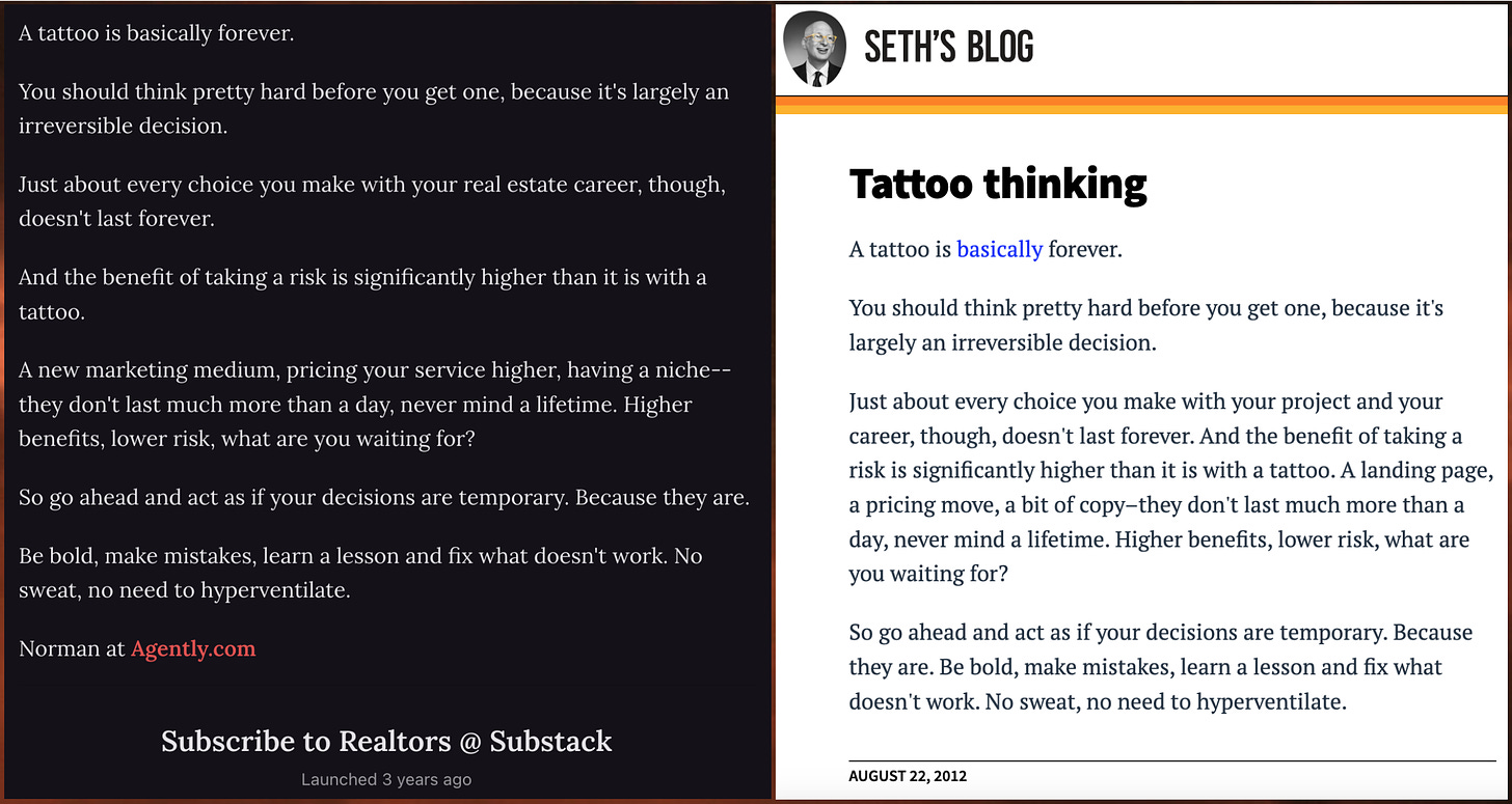 screenshots of a plagiarized "Realtors @ Substack" post and the original post on "Seth's Blog"