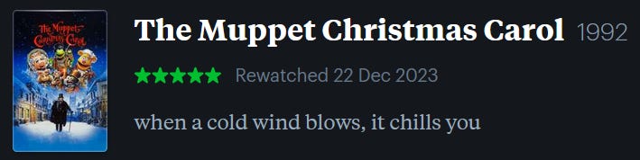 screenshot of LetterBoxd review of The Muppet Christmas Carol, watched December 22, 2023: when a cold wind blows, it chills you