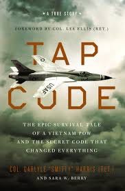 The book cover depicts an U.S. Air Force F-105 Thunderchief in level flight over a cloudy sky background across the upper center of the image with the book title “Tap” above and “Code” below the aircraft