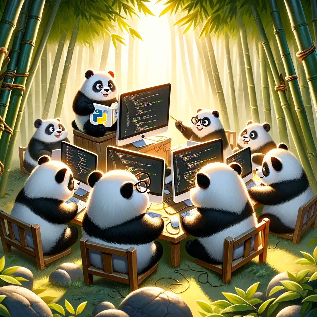 A whimsical scene showing a group of pandas gathered around a large computer screen in a bamboo forest, typing away on keyboards as they collaboratively write Python code. The pandas are highly focused, wearing glasses, and one of them is holding a book titled 'Learning Python'. The environment around them is serene and natural, with sunlight filtering through the leaves, highlighting the pandas' concentration on their programming task.