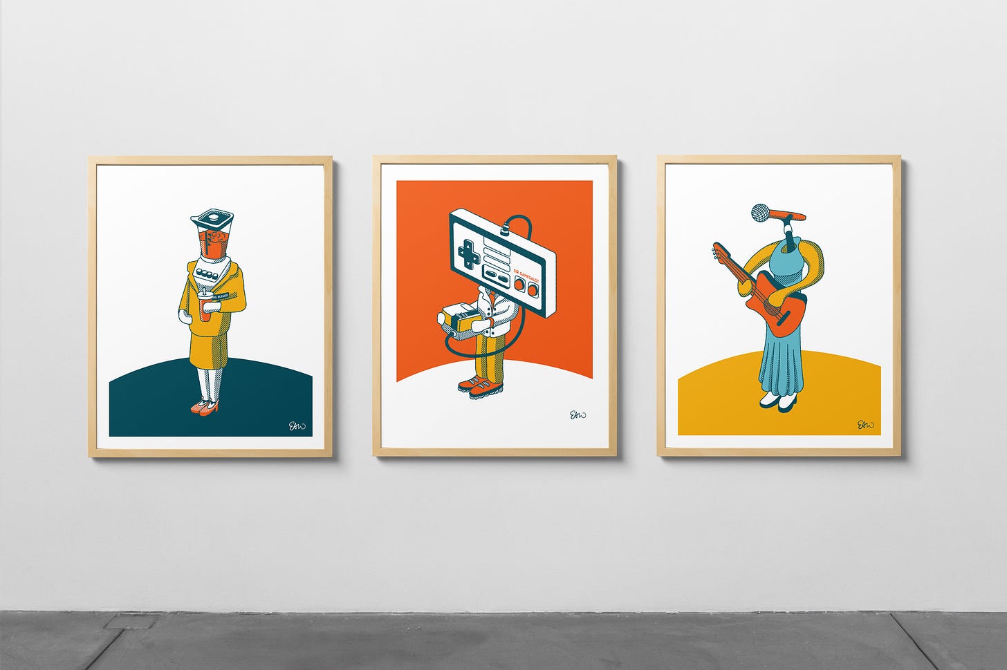 A gallery mockup of three illustrations on a white wall, each depicting a character with an object replacing their head: a blender, a game controller, and a microphone. 
