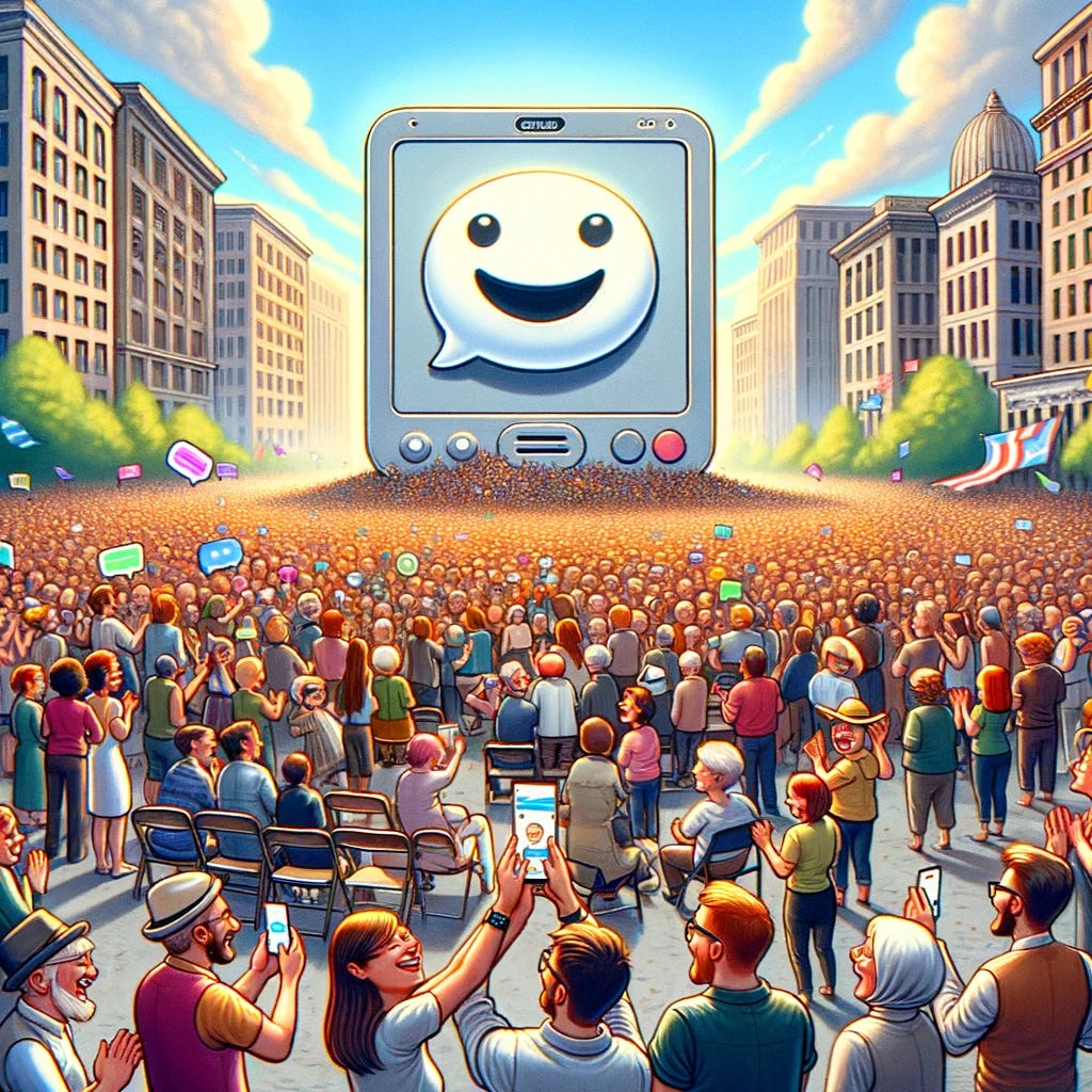 An imaginative and slightly humorous image showing a crowd of diverse people showing appreciation towards ChatGPT. The scene depicts a large, diverse group of cartoon people of various ages, genders, and ethnicities, all gathered around a large, symbolic representation of ChatGPT - a giant, friendly-looking computer screen displaying a smiling chat interface. Some people are clapping, some are taking photos with their smartphones, while others are just looking with admiration. The atmosphere is joyful and celebratory, emphasizing the positive impact of ChatGPT in a playful and exaggerated manner. The setting is outdoors, in a bright and festive environment.