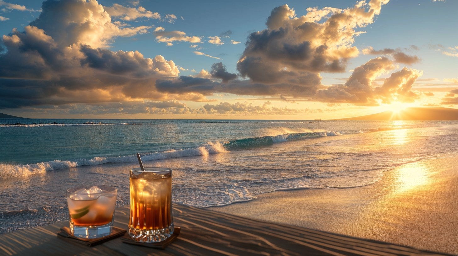 realistic photograph of a beautiful beach in Hawaii, just before sunset, some small cumulus clouds, a modern bar, cocktail glasses, a few small waves --ar 16:9 --v 6.0