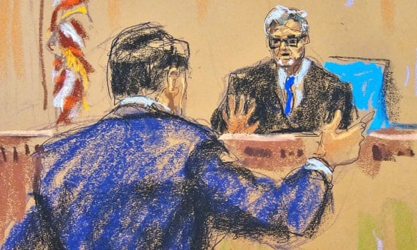 A drawing of a man in a suit gesturing to a judge.