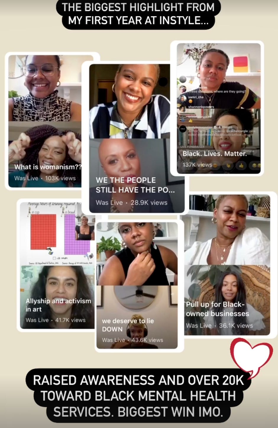 Screenshot of Peyton's IG Story with screenshots from IG Lives where she raised awareness and over 20K toward black mental health services.