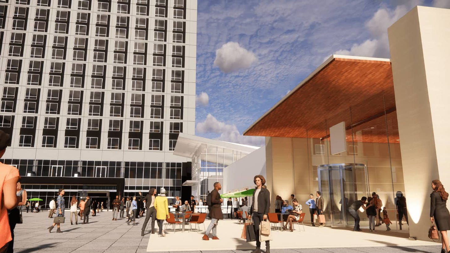 A rendering of the plaza at Tysons Corner Center. The Apple Store pictured has a cantilevered plank ceiling and stone walls.