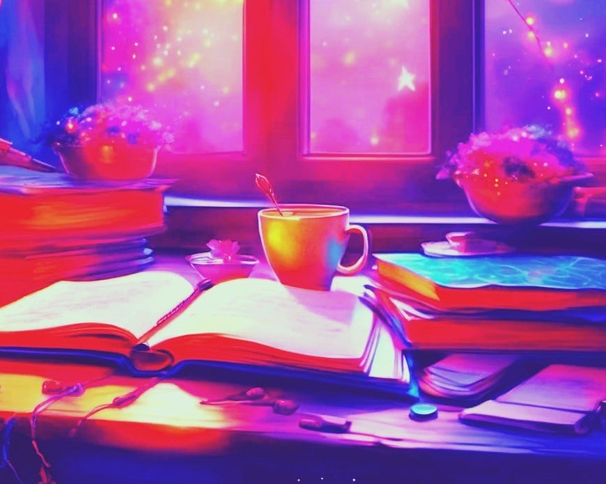 how to start journaling; an AI generated image with random journals, cup of coffee, sparkles and some random weird stuff