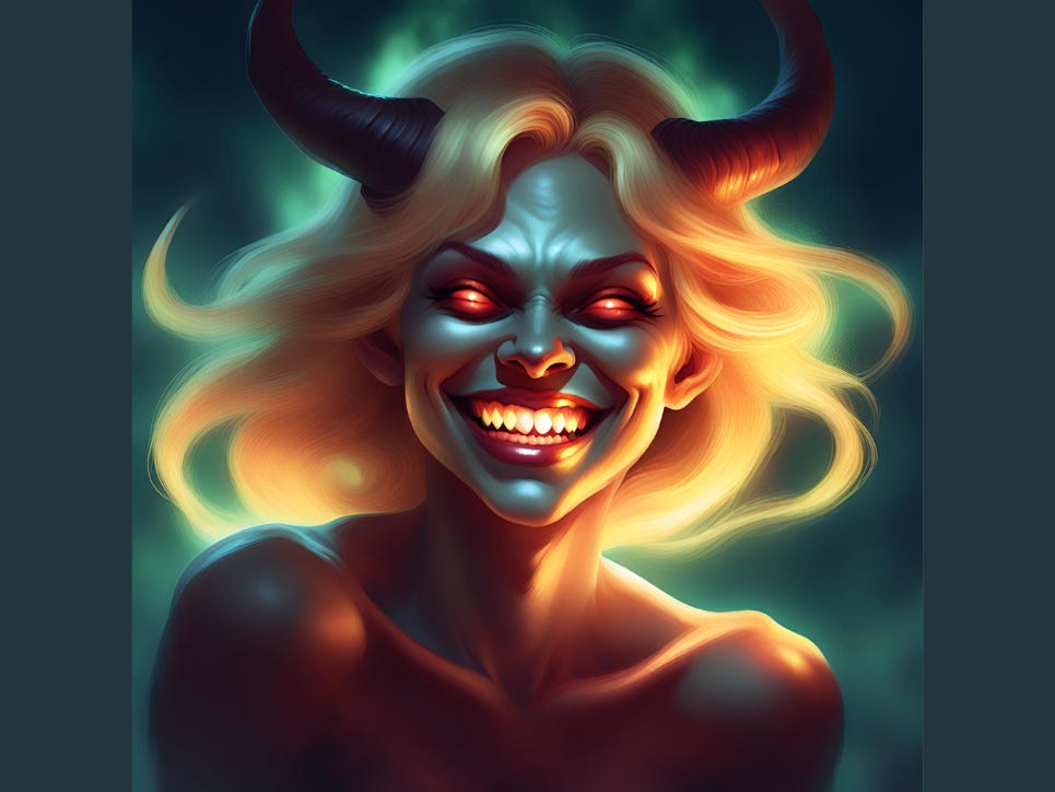 Smiling demon with black horns and blonde hair
