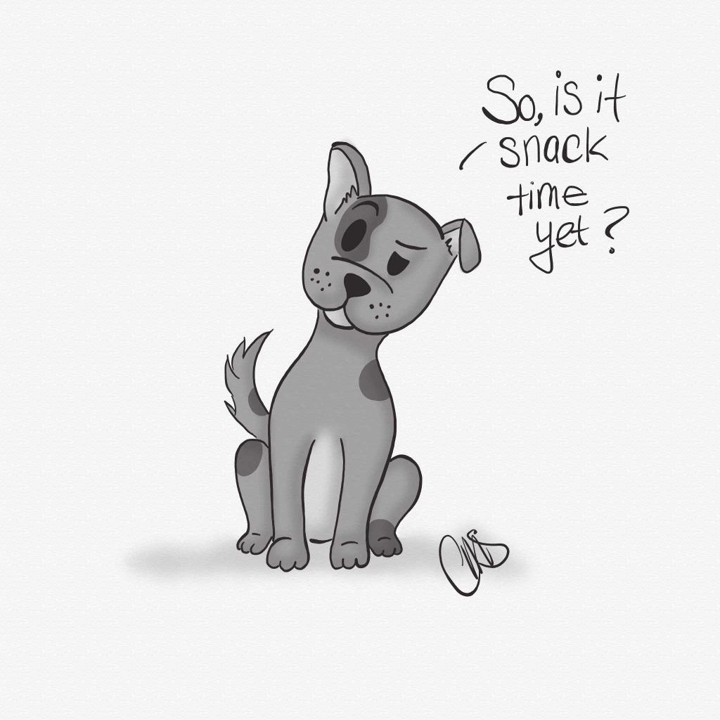 Digital black and white drawing of a dog looking with his head to the side and one eyebrow raised. Text above head reads "So, is it snack time yet?” he has one ear up one down and scattered spots on his body including over his right eye.