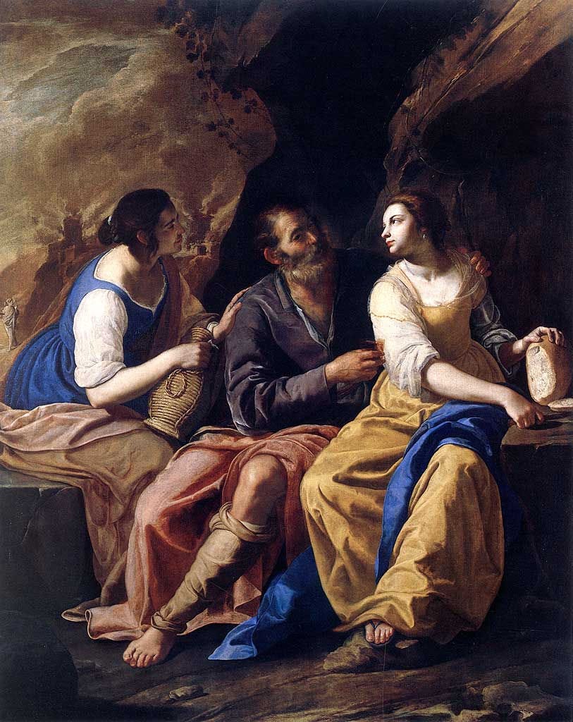 Baroque painting of an older man touching a young woman with her back turned to him, and another young woman trying to get his attention with her hand on his shoulder