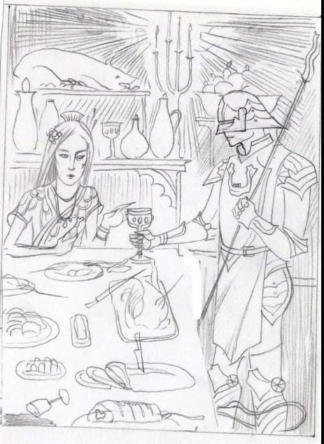 An image of a woman having a feast. Beside him stands a guard who one might argue is a butler.