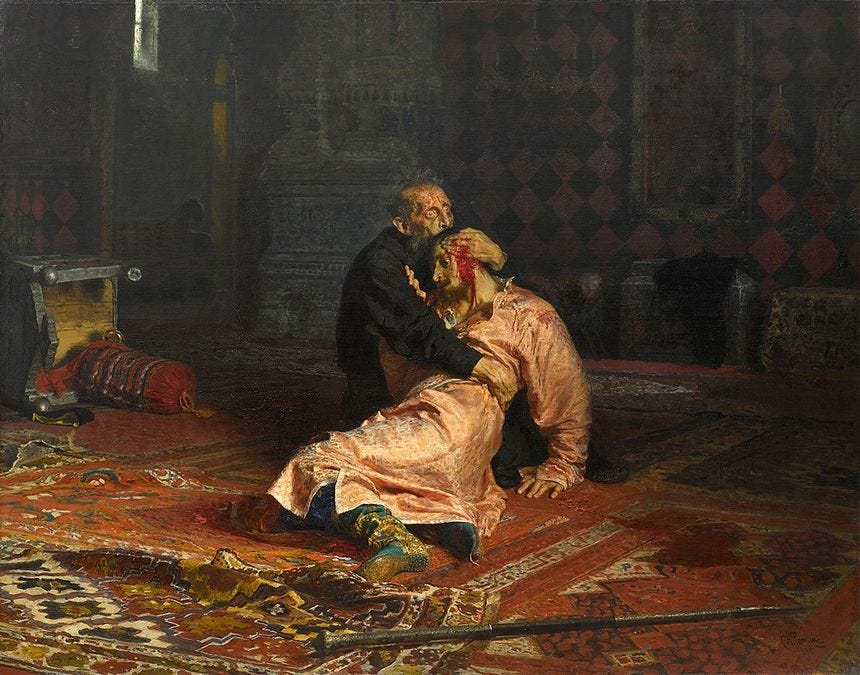 (Fear) Ivan the Terrible and His Son Ivan - Ilya Repin - 1583 - 1585 - Tretyakov Gallery, Moscow | Academia Aesthetics