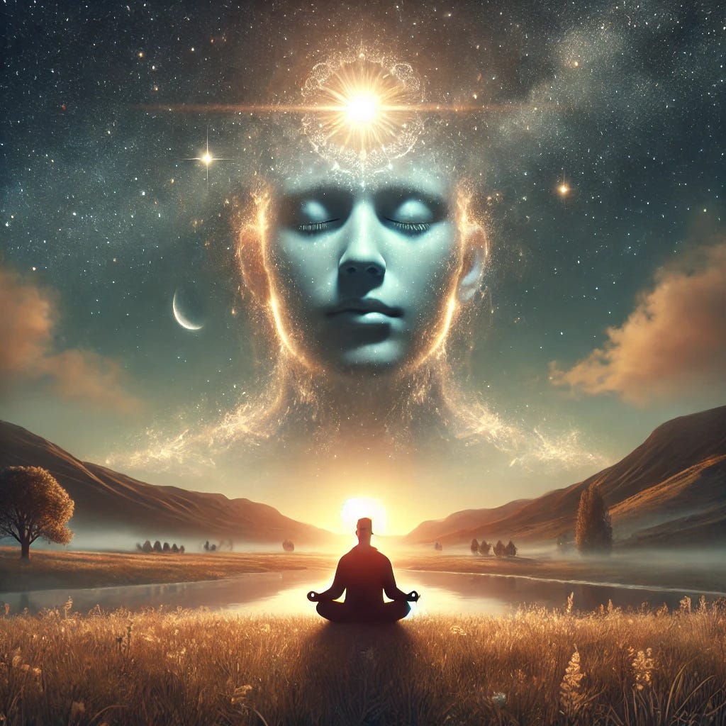 A surreal, cinematic digital painting of a person meditating in a peaceful natural setting. The person sits cross-legged with eyes closed, glowing faintly with inner light. Rising above and behind them is their spirit self — a massive, translucent face stretching across the sky like a celestial presence. The spirit face is calm, serene, and filled with stars, clouds, and golden light, symbolizing vastness and enlightenment. The landscape is quiet and sacred: gentle hills, a still lake, soft morning mist. The tone is mystical, awe-inspiring, and deeply peaceful — a visual representation of inner expansion.
