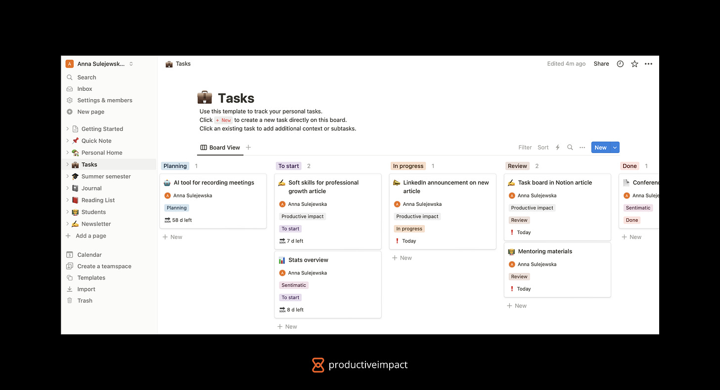 Tasks board in Notion