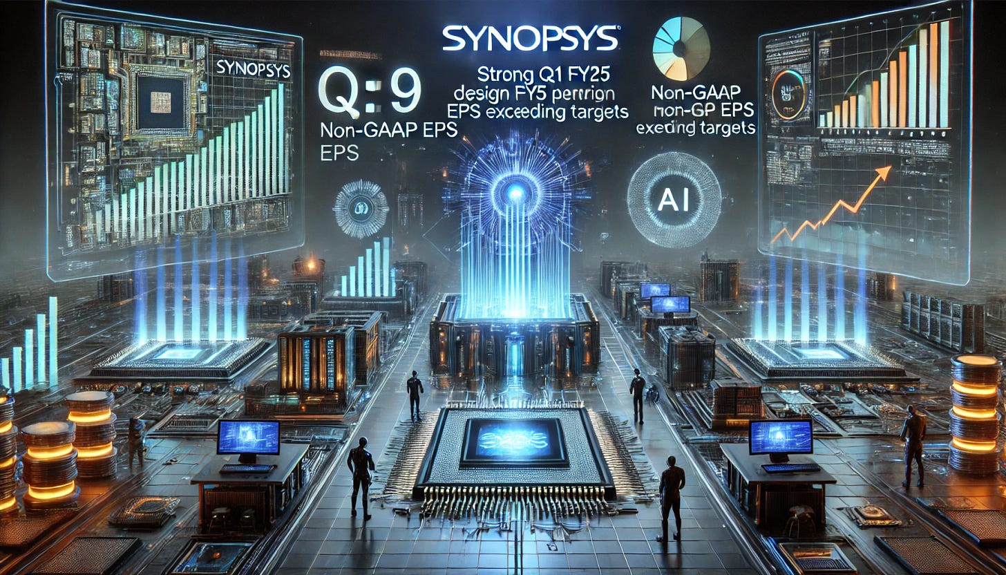 A 16:9 futuristic illustration showcasing Synopsys’ strong Q1 FY25 performance and AI-driven design advancements. The scene features a glowing Synopsys-branded semiconductor design interface, with engineers and AI-driven systems optimizing next-generation chip architectures. Holographic financial charts display revenue growth and Non-GAAP EPS exceeding targets. In the background, AI/HPC chips and cloud computing infrastructure symbolize strong market demand, while subtle indicators of China-related headwinds and softer consumer electronics markets add nuance to the outlook. The atmosphere conveys innovation, financial strength, and strategic adaptation.